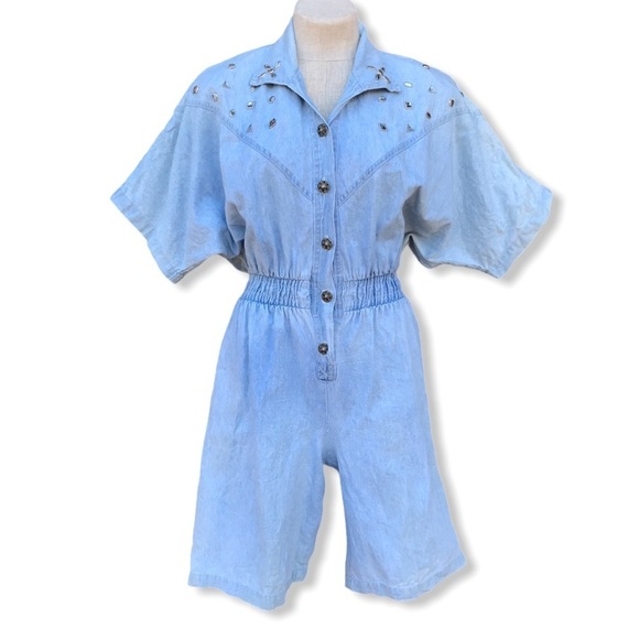 Vintage 1980 Denim Romper Studded Acid Wash Medium - Picture 1 of 8